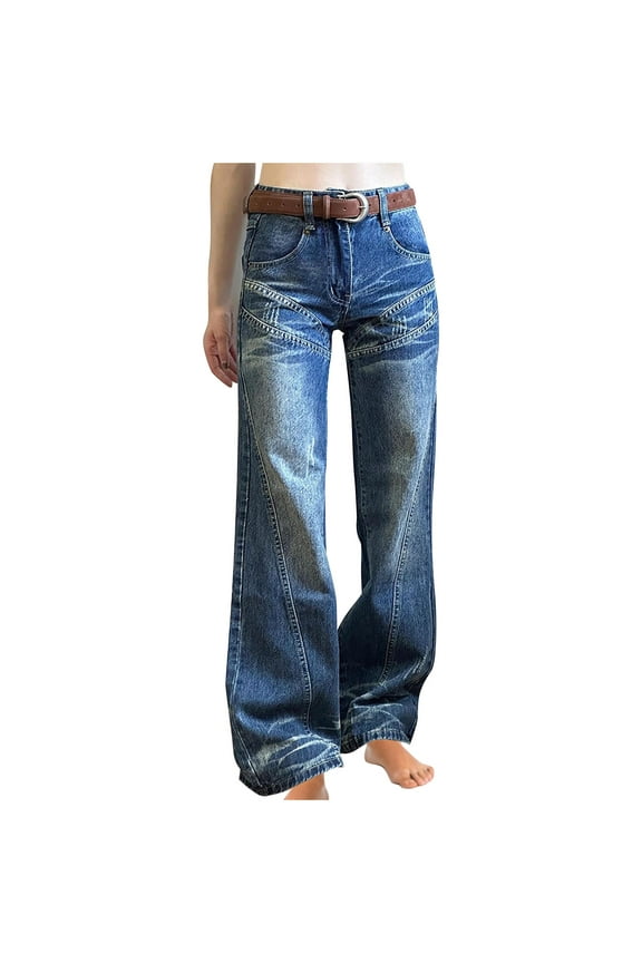Wide Leg Jeans for Women Mid Waist Baggy Denim Washed Pants Stitch Decor Causal Lounge Trousers with Pockets, Blue, S