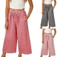 thumbnail image 1 of QIUOMBBP Wide Leg Plaid Pants for Girls High Waist Cropped Linen Pants with Drawstring Cute Summer Trousers Red 2Years, 1 of 10