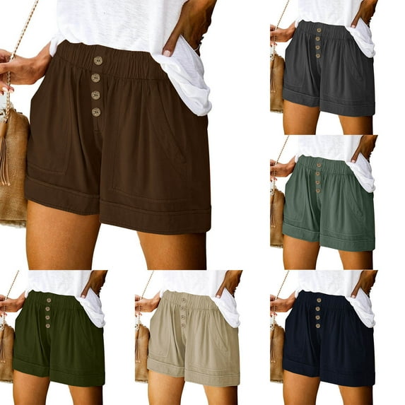 QIUOMBBP Wide Leg Shorts for Women Elastic Waist Button Design Linen Short with Pockets Summer Lightweight Comfy Loungewear Navy XXXL