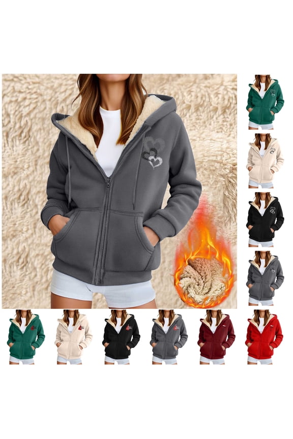 Winter Jackets for Women Warm Sherpa Lined Fleece Sweatshirts Coats Fashion Heart Print Zip Up Hoodies Outwear with Pockets, Dark Gray, L