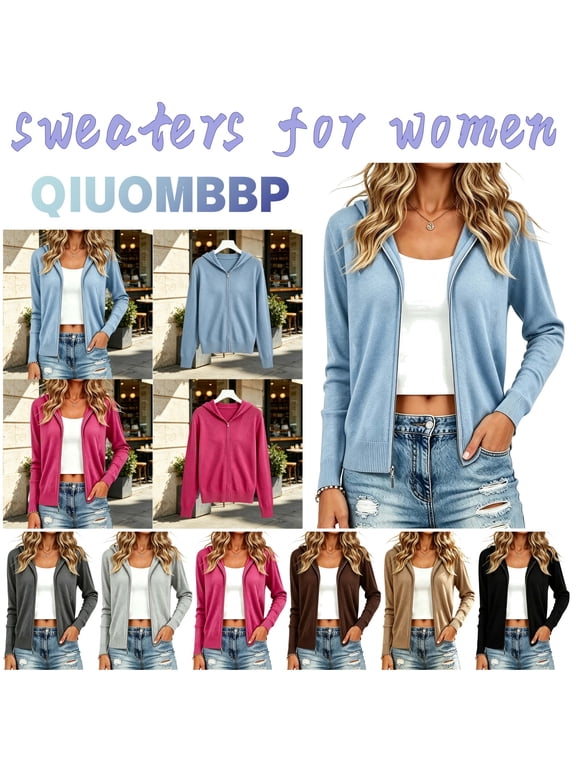 QIUOMBBP Woman Fall Winter Knitted Cardigan Solid Color Long Sleeve Hooded Sweater Jackets White M