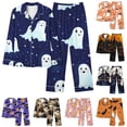 thumbnail image 1 of QIUOMBBP Woman Halloween Button Up Pajama Sets Long Sleeve Shirt and Wide Leg Bottoms Lounge Set Sleepwear, Black, L, 1 of 5