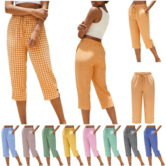 QIUOMBBP Woman Wide Leg Capri Pants Side Slits Linen Cropped Trousers Casual Drawstring Elastic Waist Summer Beach Capris Red XXXL