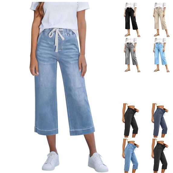 QIUOMBBP Woman's Straight Leg Denim Capris Elastic Waisted Drawstring Cropped Jeans with Pockets Solid Color Slim Bottoms Black L