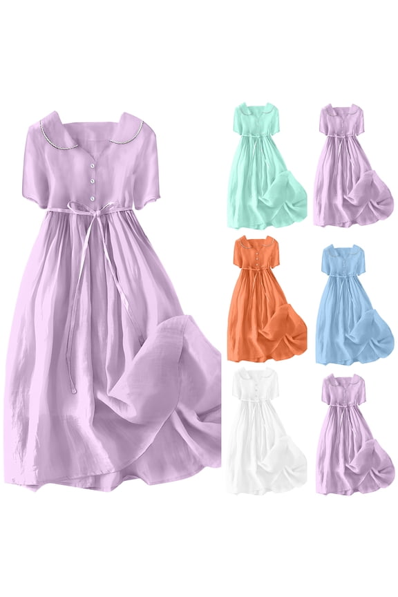 Women Bohemian Cotton Linen Dresses 3/4 Sleeve Plain Maxi Dress Trendy Evening Gown with Belt Orange M