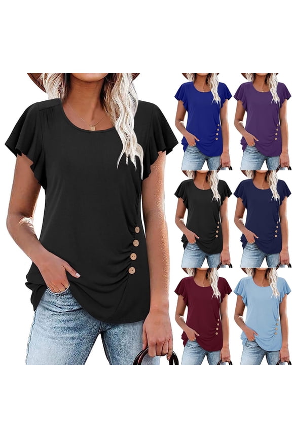 Women Casual T Shirts Ruffle Short Sleeve Crew Neck Solid Tees Plus Size Summer Loungewear Tops Light Blue XXL