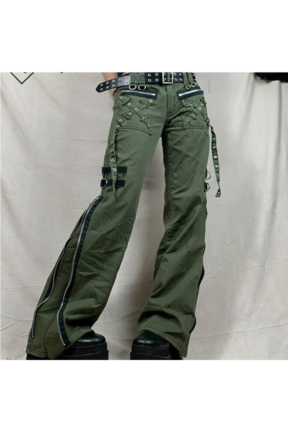 Women Gothic Cargo Jeans Y2k Wide Leg Punk Grunge Baggy Denim Pants Loose Casual Streetwear Jeans with Pockets, Army Green, S