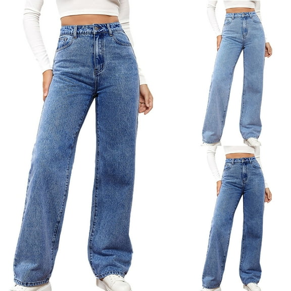 QIUOMBBP Women High Waisted Jeans Baggy Casual Straight Leg Pants Loose Fit Stretch Denim Slacks Y2k Pants, Blue, L