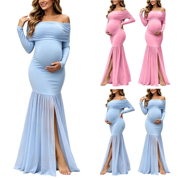 QIUOMBBP Women Off the Shoulder Mesh Maxi Maternity Dress Long Sleeve Dresses Summer Photoshoot Dress Pink L