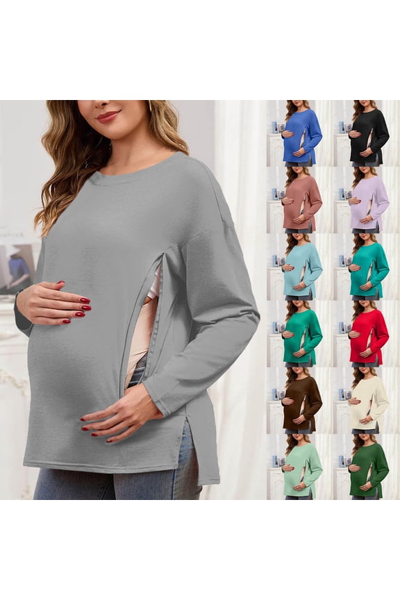 QIUOMBBP Women Round Neck Long Sleeved 0versized Concealed Zipper Side Opening Maternity Top Green M