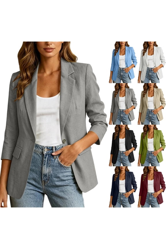 Women's 3/4 Sleeve Blazer Solid Color Open Front Cardigans Lightweight Office Casual Work Suit Jackets Navy S