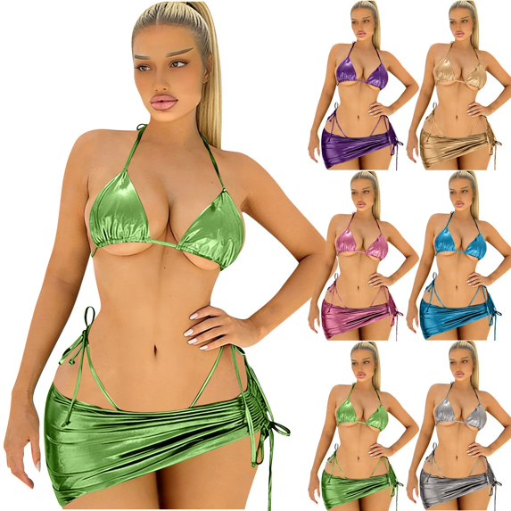 QIUOMBBP Women's 3 Piece Metallic Swimsuits Halter Triangle String Bikini Top Tie Side Bottom with Drawstring Mini Skirt Bathing Suit for Beach Vacation Pink L