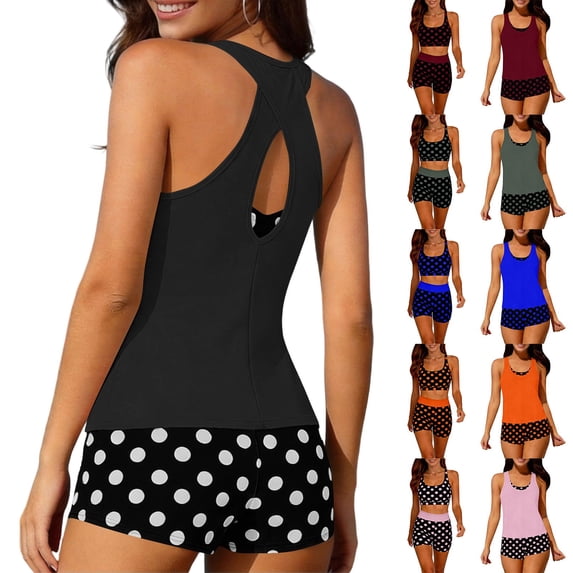 QIUOMBBP Women's 3 Piece Tankini Swimsuit Tummy Control Tank Top Crisscross Back Sport Bra with Swim Shorts Plus Size Modest Bathing Suit for Beach Vacation Blue M
