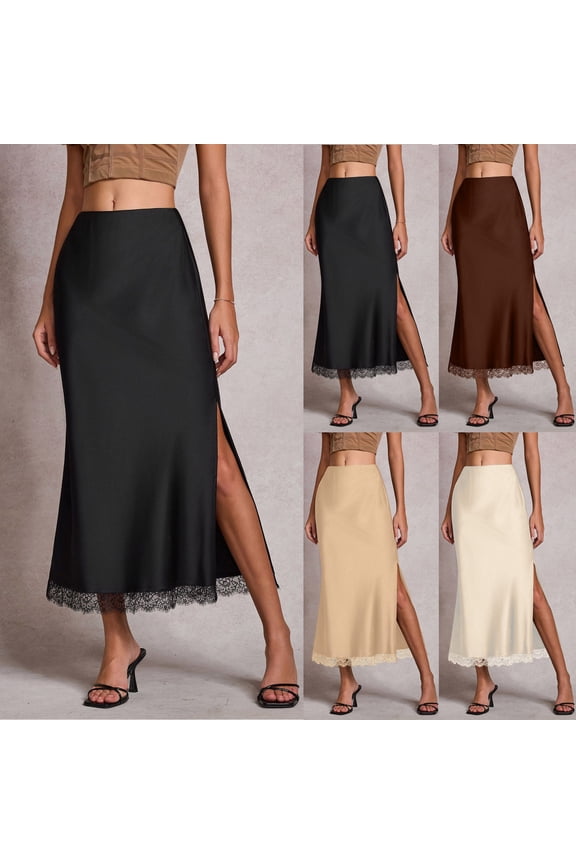 Women's A Line Long Skirts High Split Side Lace Patchwork Satin Silk Maxi Skirt Loose Casual Summer Streetwear Black M