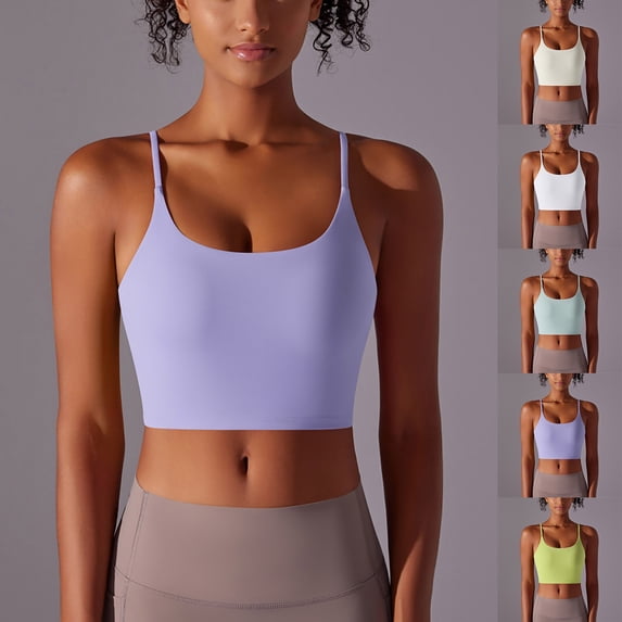 QIUOMBBP Women's Athletic Bra Workout Yoga Gym Cami Crop Tank Top Spaghetti Strap Slim Fitted Solid Shirts Sky Blue S