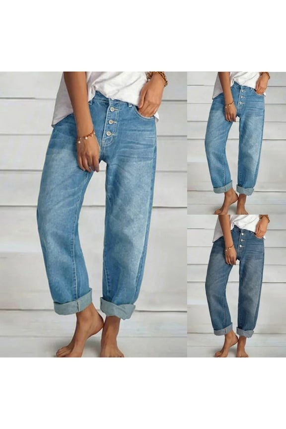 Women's Baggy Ankle Jeans Casual Loose Straight Leg Denim Pants Button Cropped Boyfriend Jean Pants with Pockets, Blue, M