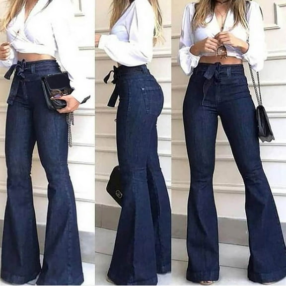 QIUOMBBP Women's Bell-Bottom Denim Jeans High Waist Bow Knot Lace Up Wide Leg Flared Jeans Floor Length Trousers, Blue, M
