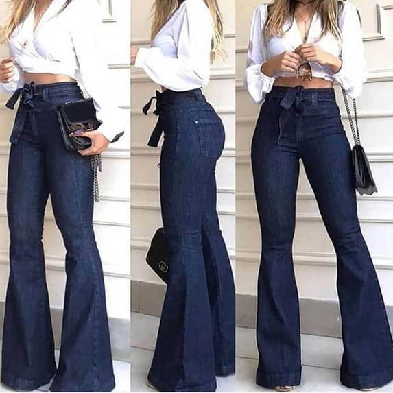 QIUOMBBP Women's Bell-Bottom Denim Jeans High Waist Bow Knot Lace Up Wide Leg Flared Jeans Floor Length Trousers, Blue, XL