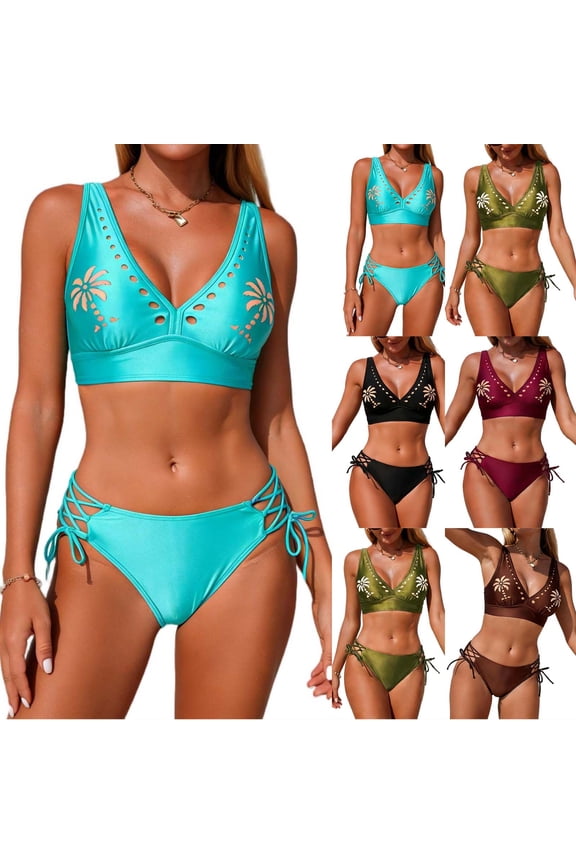 Women's Bikini Set Palm Printed Triangle Swimsuit Top with Cutout Tie Side Bottom 2 Piece Bathing Suit for Beach Vacation Wine L