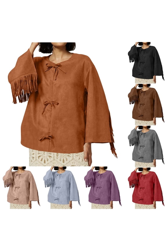 Women's Bow Tie Front Suede Shirts Loose Lace Up Oversized Fringe Bloues Flare Long Sleeve Going Out Tops, Purple, M