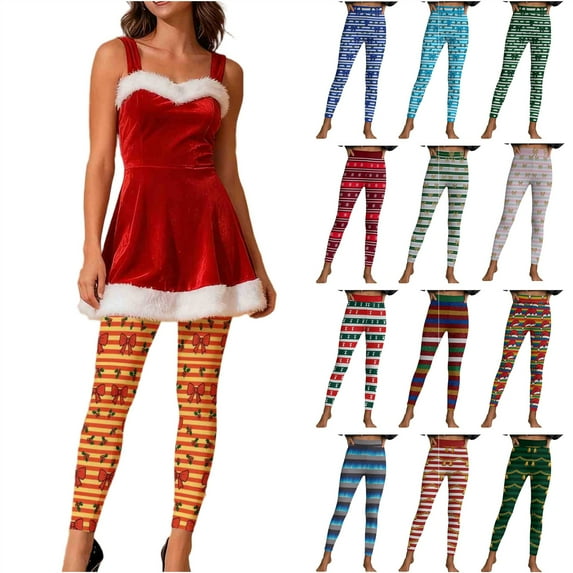 QIUOMBBP Women's Christmas Stripe Print Leggings Stretchy Elastic Waist Fitness Pants for Running, Gym & Casual Wear, Light Blue, M