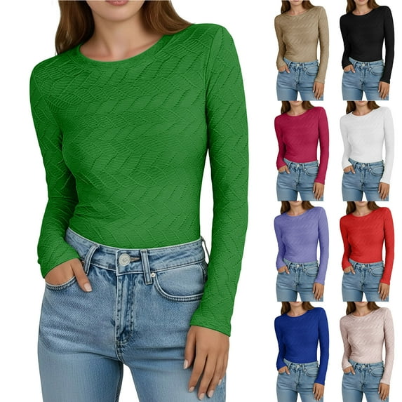 QIUOMBBP Women's Crew Neck Tops Long Sleeve Casual Textured Slim Fitted Trendy Shirts Going Out Basics Tees zz-Red L