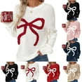 thumbnail image 1 of QIUOMBBP Women's Crewneck Knit Sweaters Cute Bow Long Sleeve Loose Fit Pullover Tops Casual Christmas Sweater, Navy, M, 1 of 9