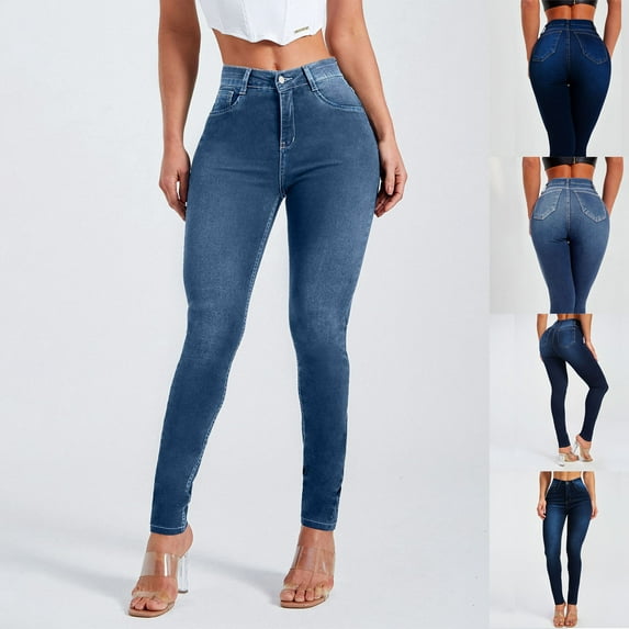 QIUOMBBP Women's Denim Skinny Jeans High Waisted Vintage Stretch Pants Casual Button Zipper Leggings with Pockets, Blue, L