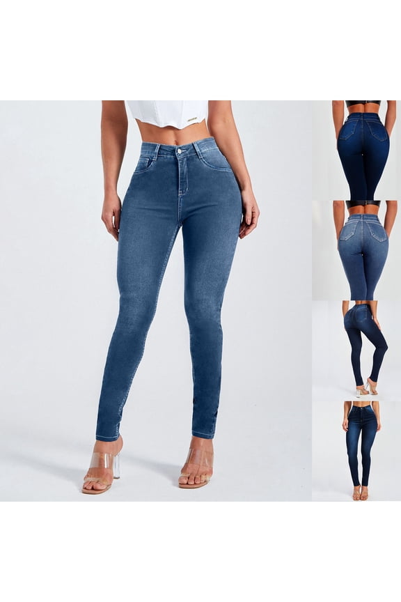 Women's Denim Skinny Jeans High Waisted Vintage Stretch Pants Casual Button Zipper Leggings with Pockets, Blue, M