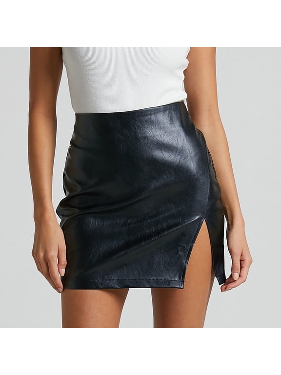 Women's Faux Leather Mini Skirt Zipper Back Split Side Pencil Bodycon Short Skirts Summer Casual Going Out Wear Brown S