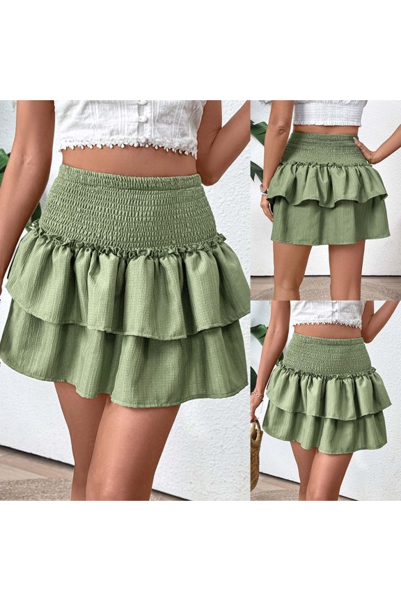 Women's Flowy Mini Skirt Elastic Waist Ruffle Layered Short Skirts Summer Casual Streetwear Green L