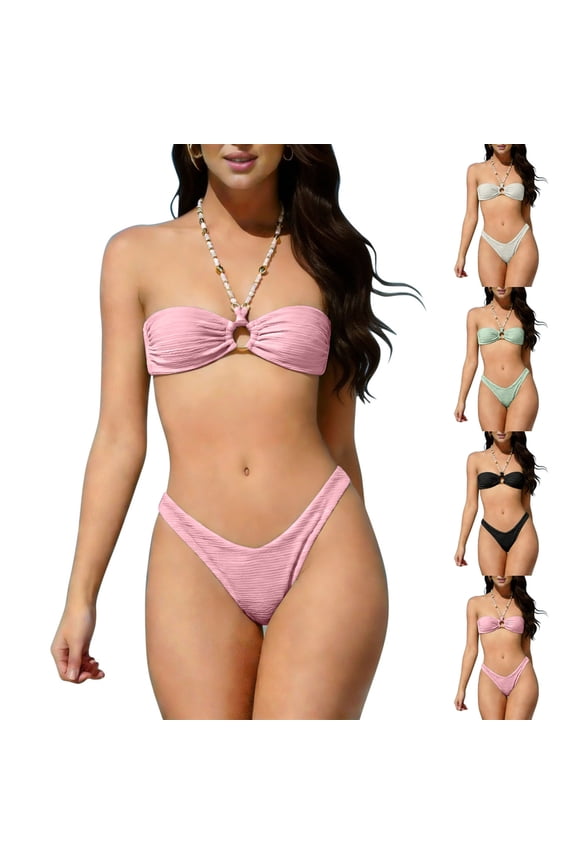 Women's Halter Bandeau Bikini Strapless O Ring String Swimsuit Top with High Cut Bottom 2 Piece Triangle Bathing Suit for Beach Beige L