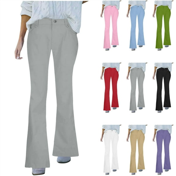 QIUOMBBP Women's High Waist Jeans Stretch Vintage Bell Bottom Pants Fashion Solid Color Denim Pants with Pockets, Army Green, L