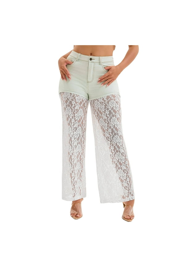 Women's High Waisted Light Washed Denim Shorts with Sheer Lace See Through Flare Leggings Hollow Out Lace Jeans, Light Blue, XS