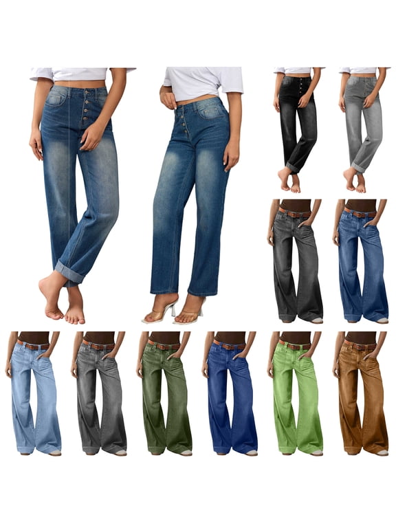 Women's Jeans High Waisted Straight Leg Stretchy Jeans Trendy Button Fly Straight Leg Denim Pants, Blue, L