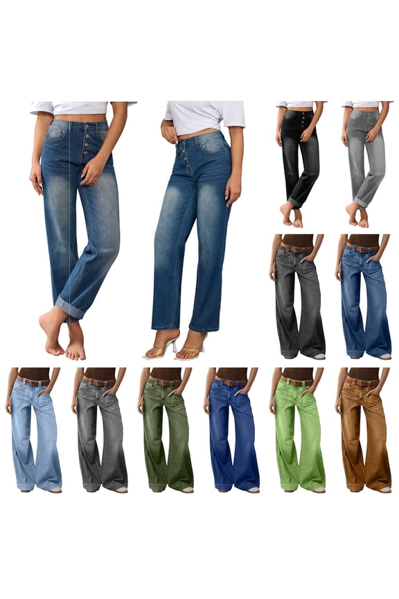 Women's Jeans High Waisted Straight Leg Stretchy Jeans Trendy Button Fly Straight Leg Denim Pants, Blue, L