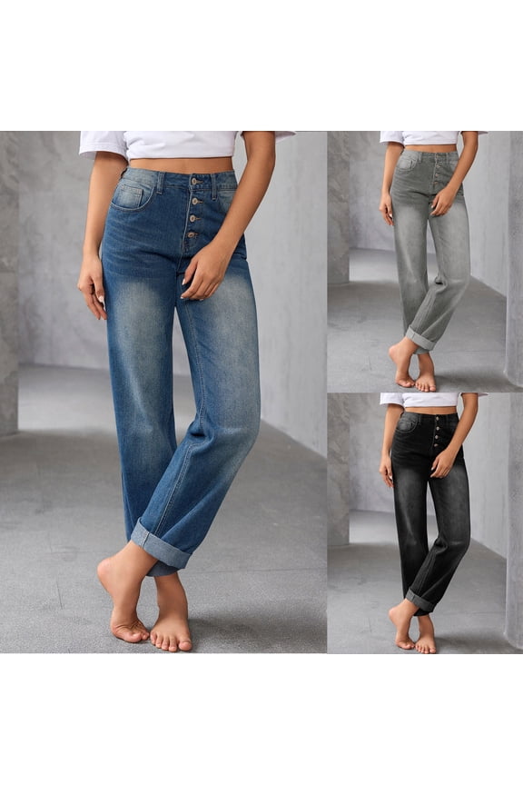 Women's Jeans High Waisted Straight Leg Stretchy Jeans Trendy Button Fly Straight Leg Denim Pants, Blue, XL