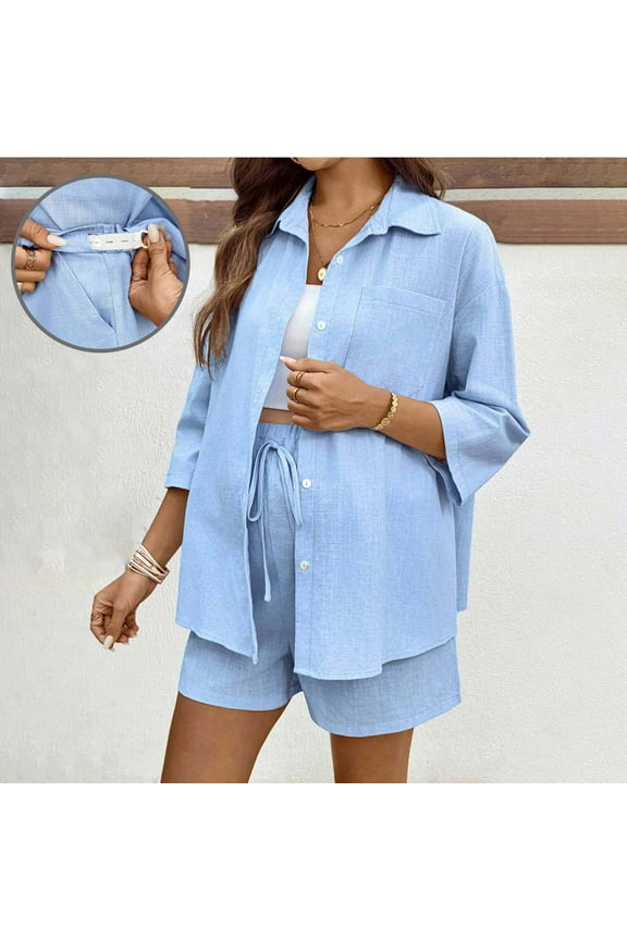 QIUOMBBP Women's Maternity Clothing Two-piece Loose Striped Off Shoulder Shirt Top Shorts Set Blue S
