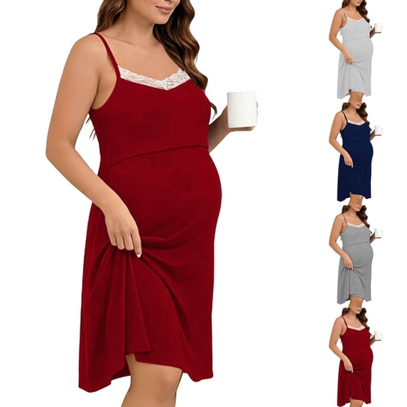 QIUOMBBP Women's Maternity Solid Color Sleeping Skirt Thin Shoulder Strap Backless V-neck Lace Home Furnishing Pajamas Pregnant Women's Dress Wine XXL
