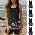 thumbnail image 1 of QIUOMBBP Women's Modest Tankini Set Floral Printed Side Tie Crew Neck Tank Top with Swim Boyshorts Full Coverage Two Piece Bathing Suit for Water Activities Purple M, 1 of 9