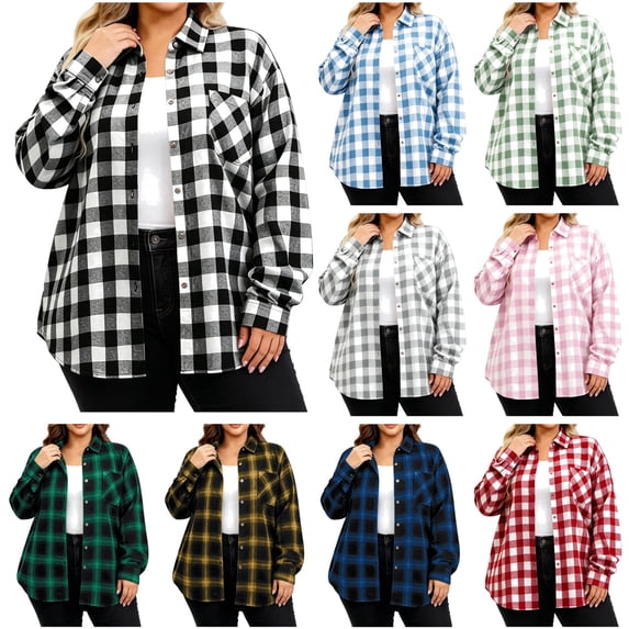 QIUOMBBP Women's Plus Size Plaid Shirt Casual Button Down Long Sleeve Tops Casual Checkered Roll Up Everyday Wear