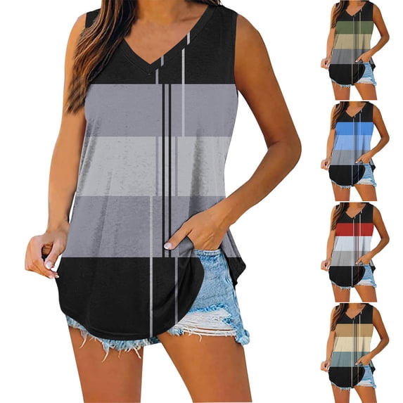 QIUOMBBP Women's Plus Size Tank Top Summer Loose Cool Loungewear Sleeveless Crew Neck Color Block T-Shirts Sky Blue XXL