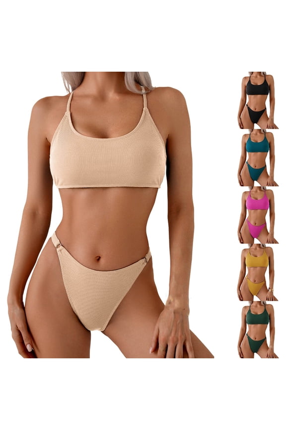 Women's Ribbed Bikini Swimsuit U Neck Crisscross Back Tie Swim Top with Cheeky High Cut Bottoms Bathing Suit for Beach Vacation Blue M