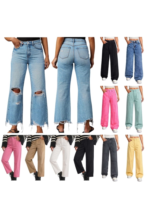 Women's Ripped Bell Bottom Jeans High-Rise Distressed Raw Edge Hem Pants with Pockets Wide Leg Boyfriend Denim Pants, Blue, XXL