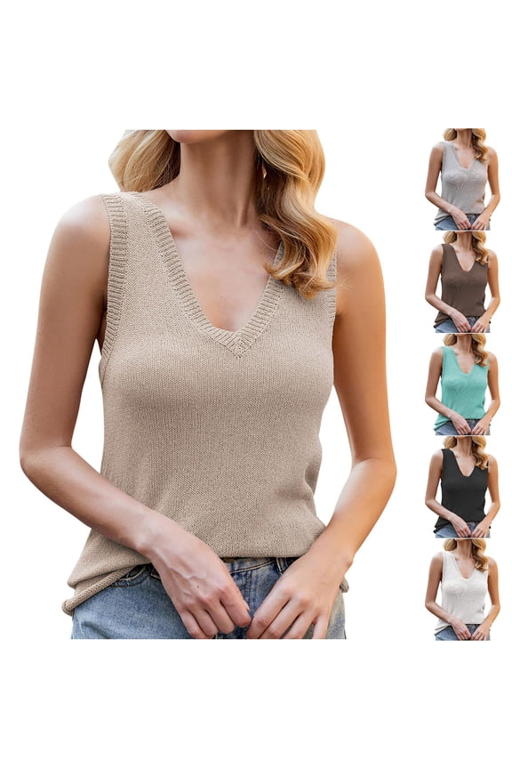 Women's Sweater Camisole Tops Casual V Neck Solid Color Tank Top Summer Loose Sleeveless Comfort Vest Khaki L