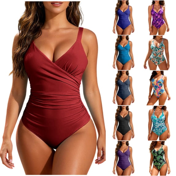 QIUOMBBP Women's Tummy Control One Piece Bathing Suit V Neck Cutout Back Swimsuits with Built in Removable Bra Slimming Swimwear for Beach Vacation Sky Blue S