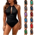 thumbnail image 1 of QIUOMBBP Women's Tummy Control Swimsuits V Neck Backless Halter One Piece Bathing Suit Slimming Swimwear for Vacation Gray S, 1 of 6