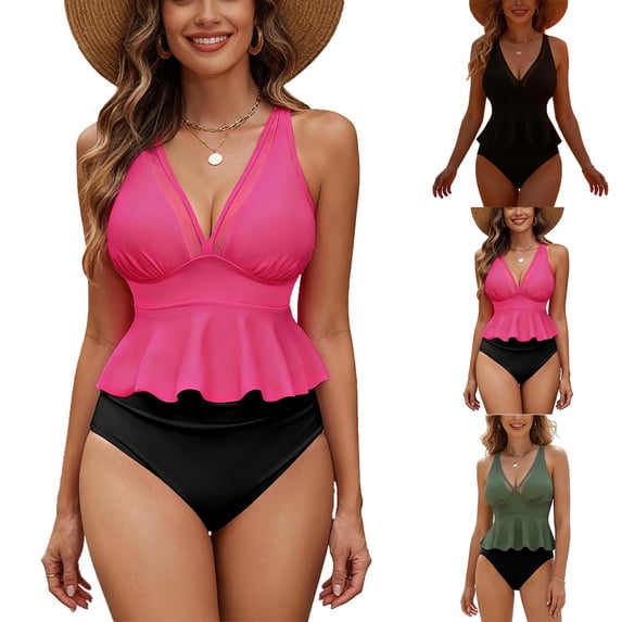 QIUOMBBP Women's Tummy Control Tankini Set V Neck Ruffled Hem Peplum Mesh Top with Crisscross Back Straps High Waisted Swim Bottoms for Summer Beach Black M