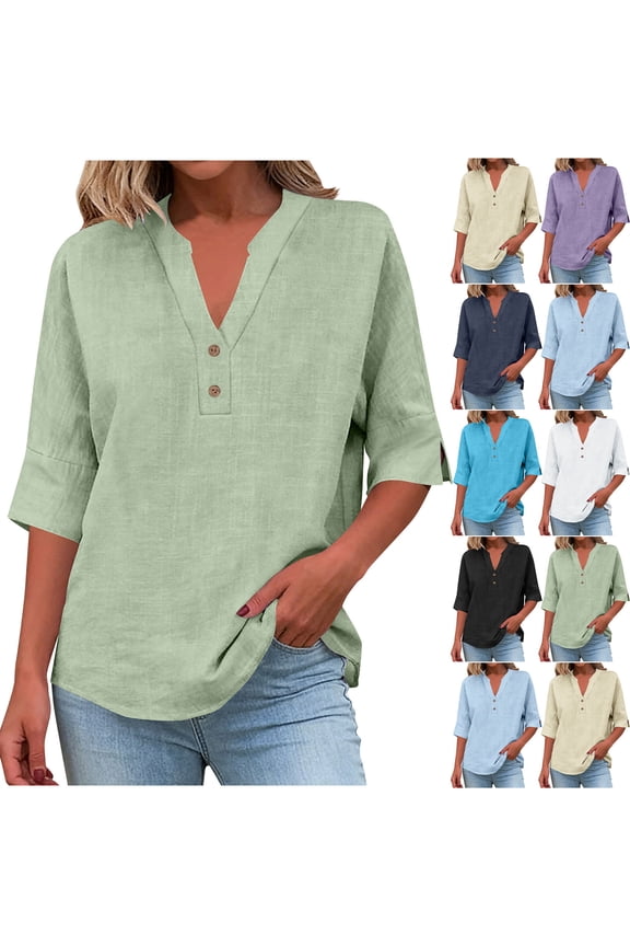 Women's V-Neck 3/4 Sleeve Top Cotton Linen Button Design Shirts Loose Comfy Summer Tunic Blouse White S