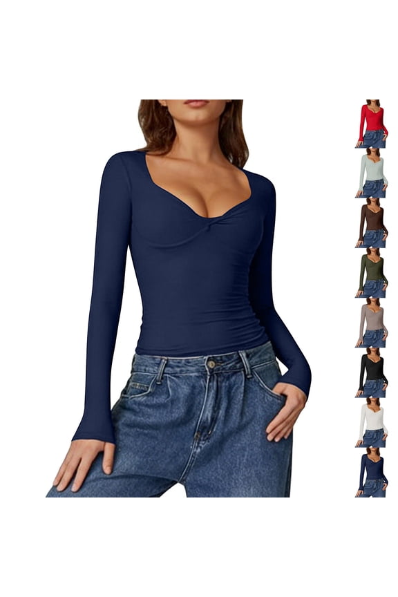 Women's V Neck Long Sleeve Shirts Double Lined Seam Cup Top Trendy Slim Fit Trendy Top Tee Green S